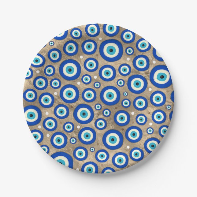 Greek Evil Eye pattern pastel gold background Paper Plates (Front)