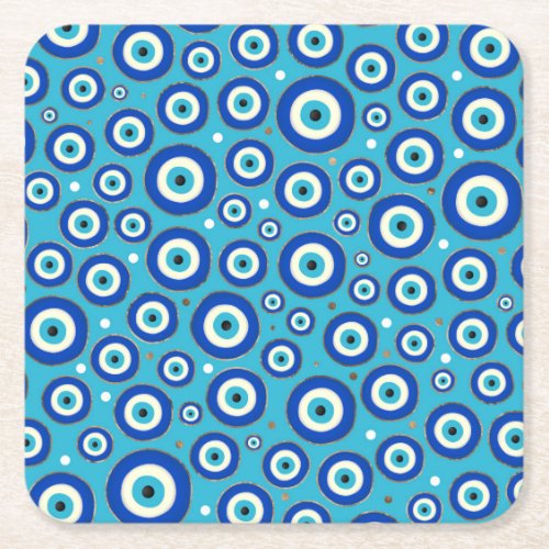 Greek Evil Eye pattern with golden accents Square Paper Coaster