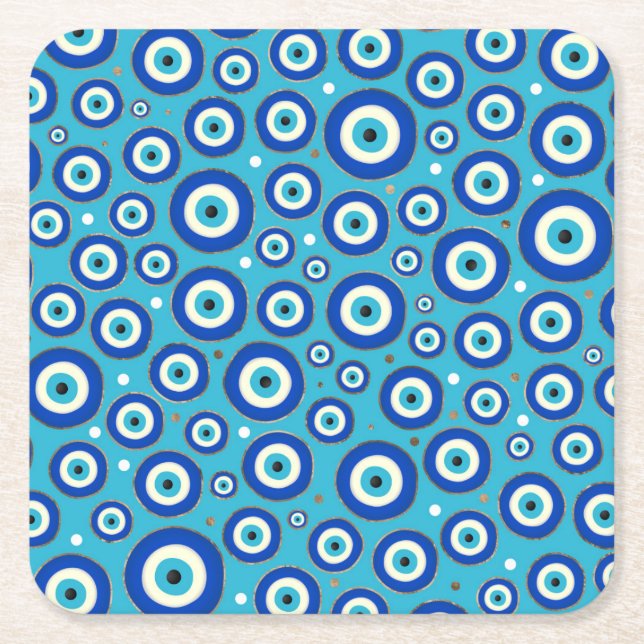 Greek Evil Eye pattern with golden accents Square Paper Coaster (Front)