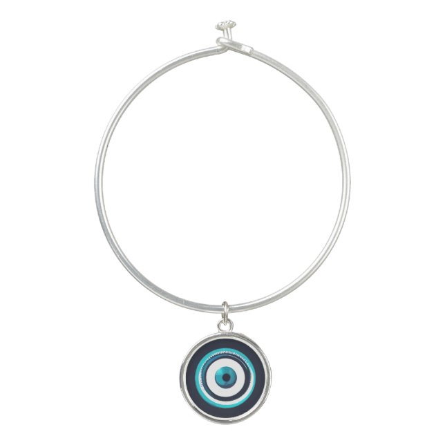 Greek Evil Eye Silver Charm Bangle Bracelet (Front)