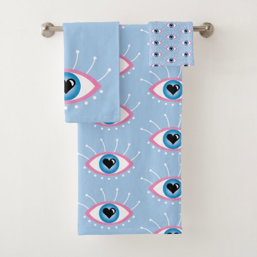 Greek Evil Eye With Eyelashes Pink Blue  Bath Towel Set