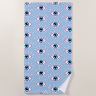 Greek Evil Eye With Eyelashes Pink Blue Beach Towel