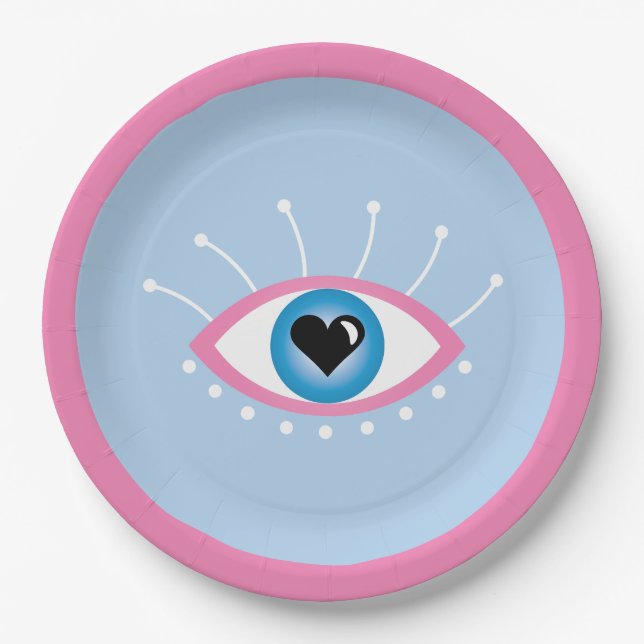 Greek Evil Eye With Eyelashes Pink Blue  Paper Plates (Front)