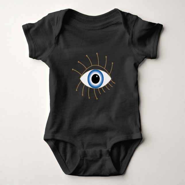 Greek Evil Eye With Lashes Blue White Gold Baby Bodysuit (Front)