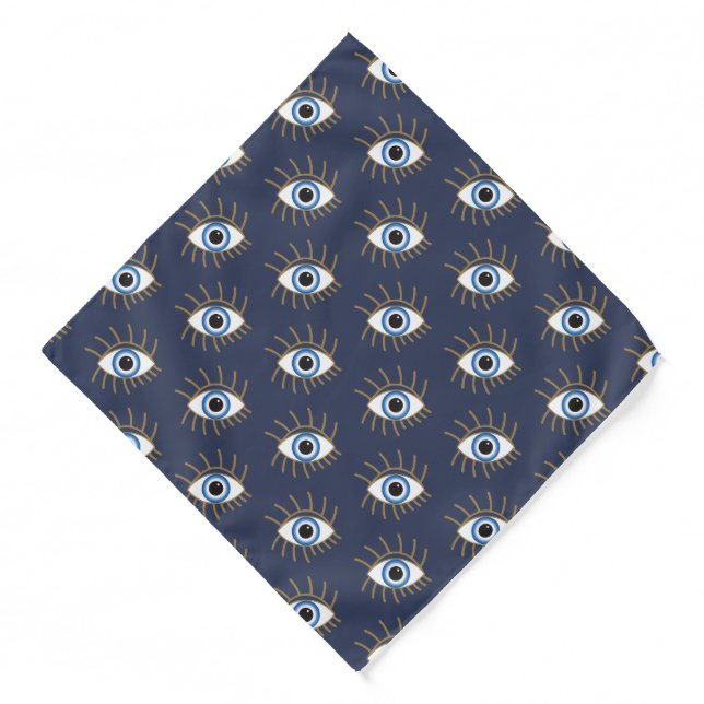 Greek Evil Eye With Lashes Blue White Gold Bandana (Front)