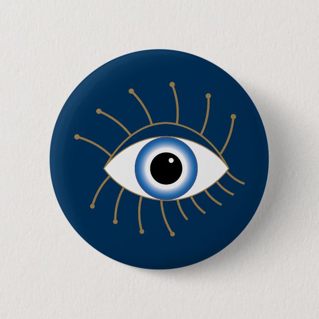 Greek Evil Eye With Lashes Blue White Gold Button (Front)
