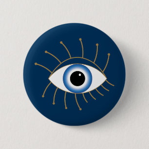Greek Evil Eye With Lashes Blue White Gold Button
