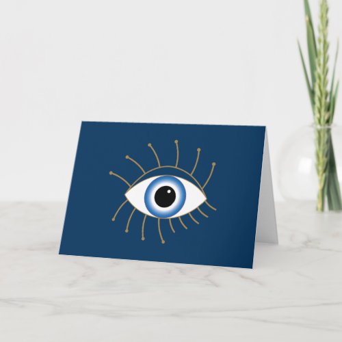 Greek Evil Eye With Lashes Blue White Gold Card