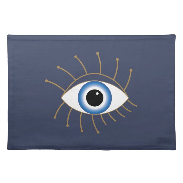 Greek Evil Eye With Lashes Blue White Gold Cloth Placemat (Front)