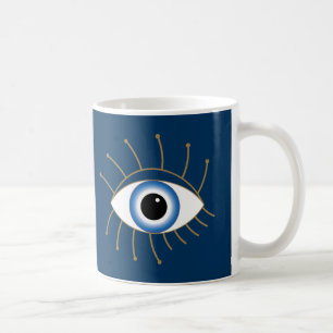 Greek Evil Eye With Lashes Blue White Gold Coffee Mug