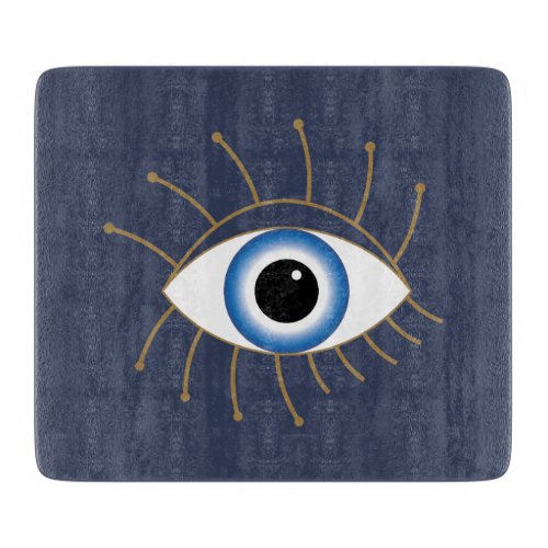 Greek Evil Eye With Lashes Blue White Gold Cutting Board