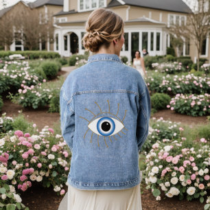 Greek Evil Eye With Lashes Blue White Gold Denim Jacket
