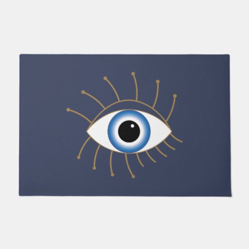 Greek Evil Eye With Lashes Blue White Gold Doormat