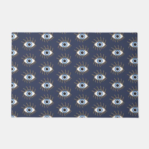 Greek Evil Eye With Lashes Blue White Gold Doormat