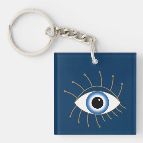 Greek Evil Eye With Lashes Blue White Gold Keychain