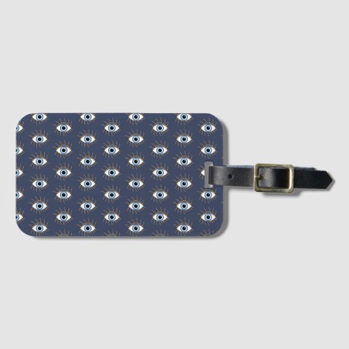 Greek Evil Eye With Lashes Blue White Gold Luggage Tag