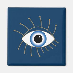 Greek Evil Eye With Lashes Blue White Gold Magnet
