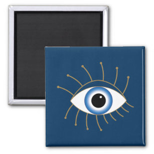 Greek Evil Eye With Lashes Blue White Gold Magnet