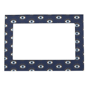 Greek Evil Eye With Lashes Blue White Gold Magnetic Frame
