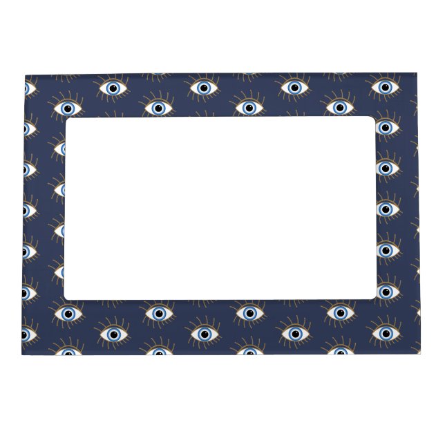 Greek Evil Eye With Lashes Blue White Gold Magnetic Frame (Front)