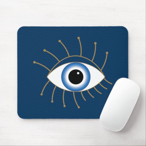 Greek Evil Eye With Lashes Blue White Gold Mouse Pad