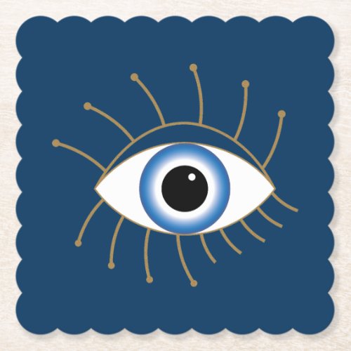 Greek Evil Eye With Lashes Blue White Gold Paper Coaster