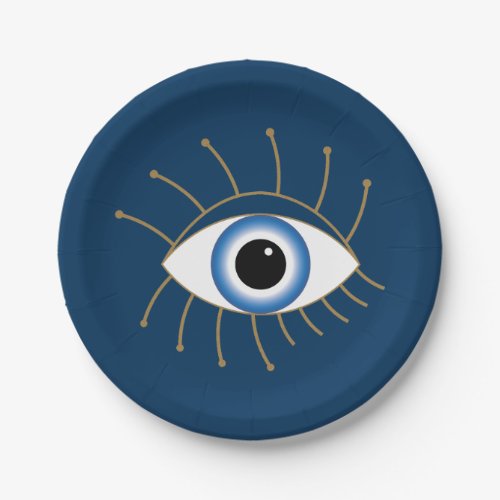 Greek Evil Eye With Lashes Blue White Gold Paper Plates