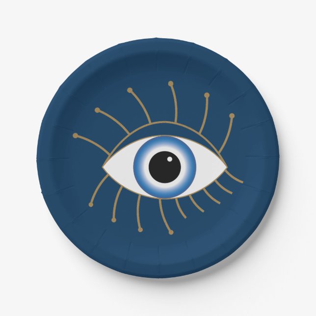 Greek Evil Eye With Lashes Blue White Gold Paper Plates (Front)