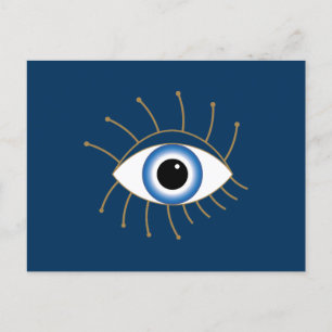 Greek Evil Eye With Lashes Blue White Gold Postcard
