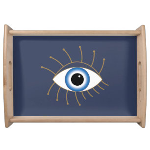 Greek Evil Eye With Lashes Blue White Gold Serving Tray