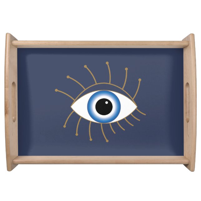 Greek Evil Eye With Lashes Blue White Gold Serving Tray (Front)