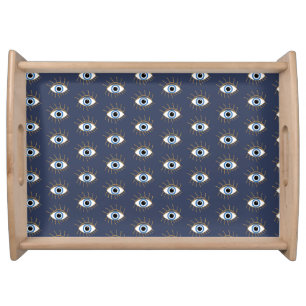 Greek Evil Eye With Lashes Blue White Gold Serving Tray