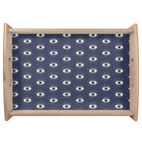 Greek Evil Eye With Lashes Blue White Gold Serving Tray