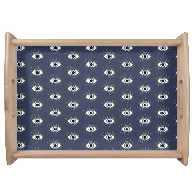 Greek Evil Eye With Lashes Blue White Gold Serving Tray (Front)