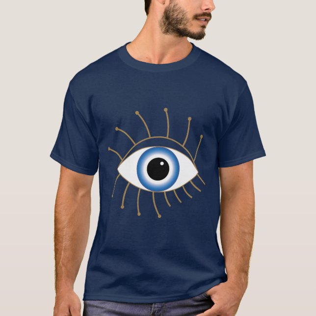 Greek Evil Eye With Lashes Blue White Gold T-Shirt (Front)
