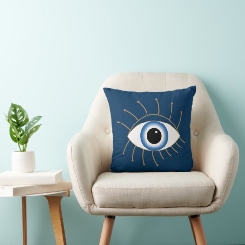 Greek Evil Eye With Lashes Blue White Gold Throw Pillow