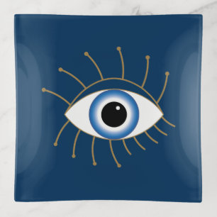 Greek Evil Eye With Lashes Blue White Gold Trinket Tray