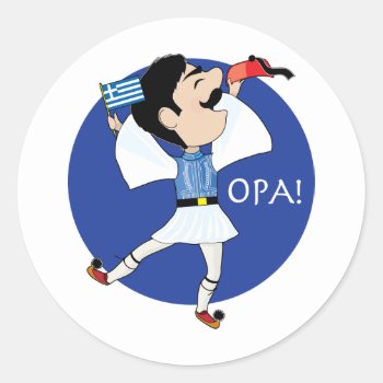 Greek Evzone Dancing With Flag Opa! Classic Round Sticker by mariabellimages at Zazzle