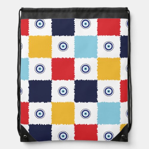 Greek Eye Colorful Squares Pattern Drawstring Bag