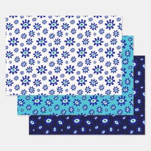 Greek Eye Symbol Blue and White Pattern Wrapping Paper Sheets