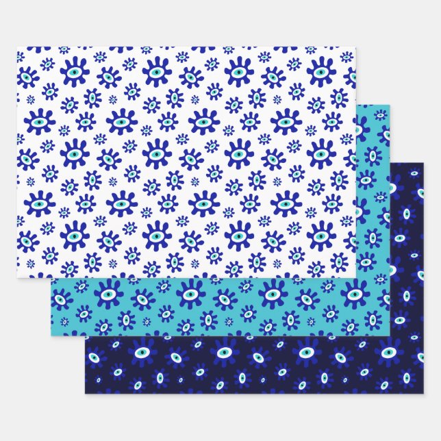 Greek Eye Symbol Blue and White Pattern Wrapping Paper Sheets (Set)