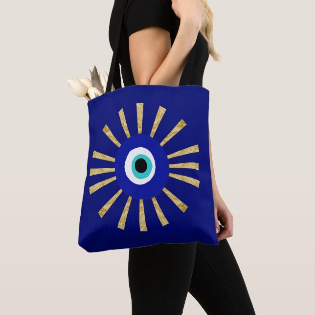 Greek Eye Symbol on Gold Sunburst Indigo Blue Tote Bag (Close Up)