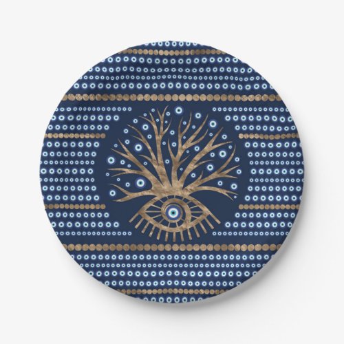 Greek Eye Tree _ Mati Mataki gold and dark blue Paper Plates