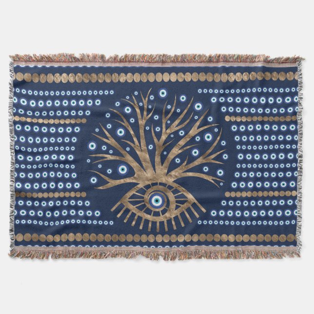 Greek Eye Tree - Mati Mataki gold and dark blue Throw Blanket (Front)