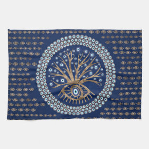 Greek Eye Tree - Mati Mataki - Matiasma on blue Kitchen Towel