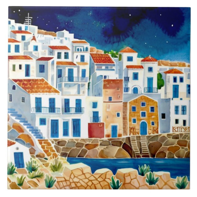 Greek Fishing Village Greece Coast Travel Souvenir Ceramic Tile (Front)