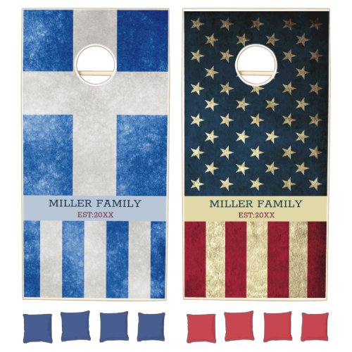 Greek Flag American Flag  Family Name Rustic  Cornhole Set