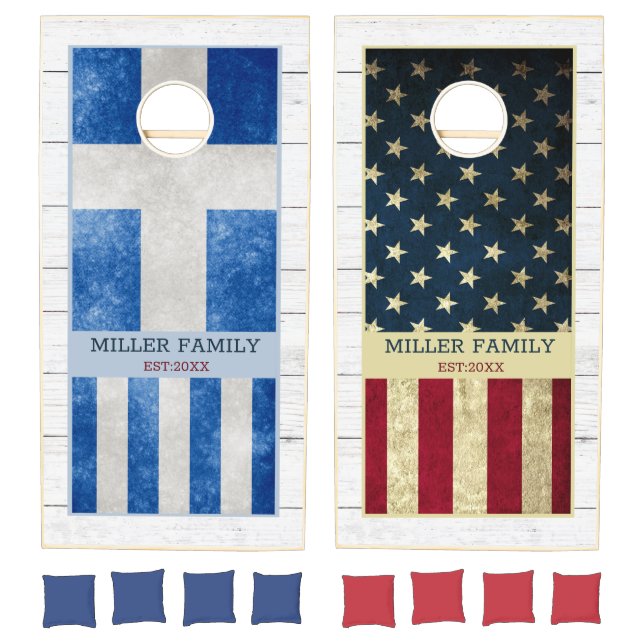 Greek Flag American Flag  Family Name White Wood Cornhole Set (Set)