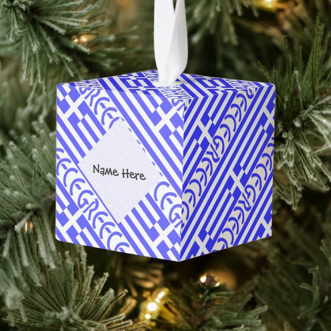 Greek Flag and Greece Tiled Personalized  Cube Ornament (Tree)