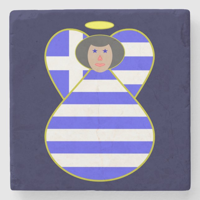 Greek Flag Angel with Black Hair Stone Coaster (Front)